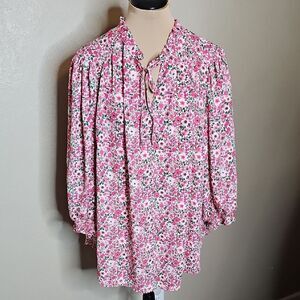Cynthia Rowley 1X Pink and Green Floral Georgette Peasant Top Blouse